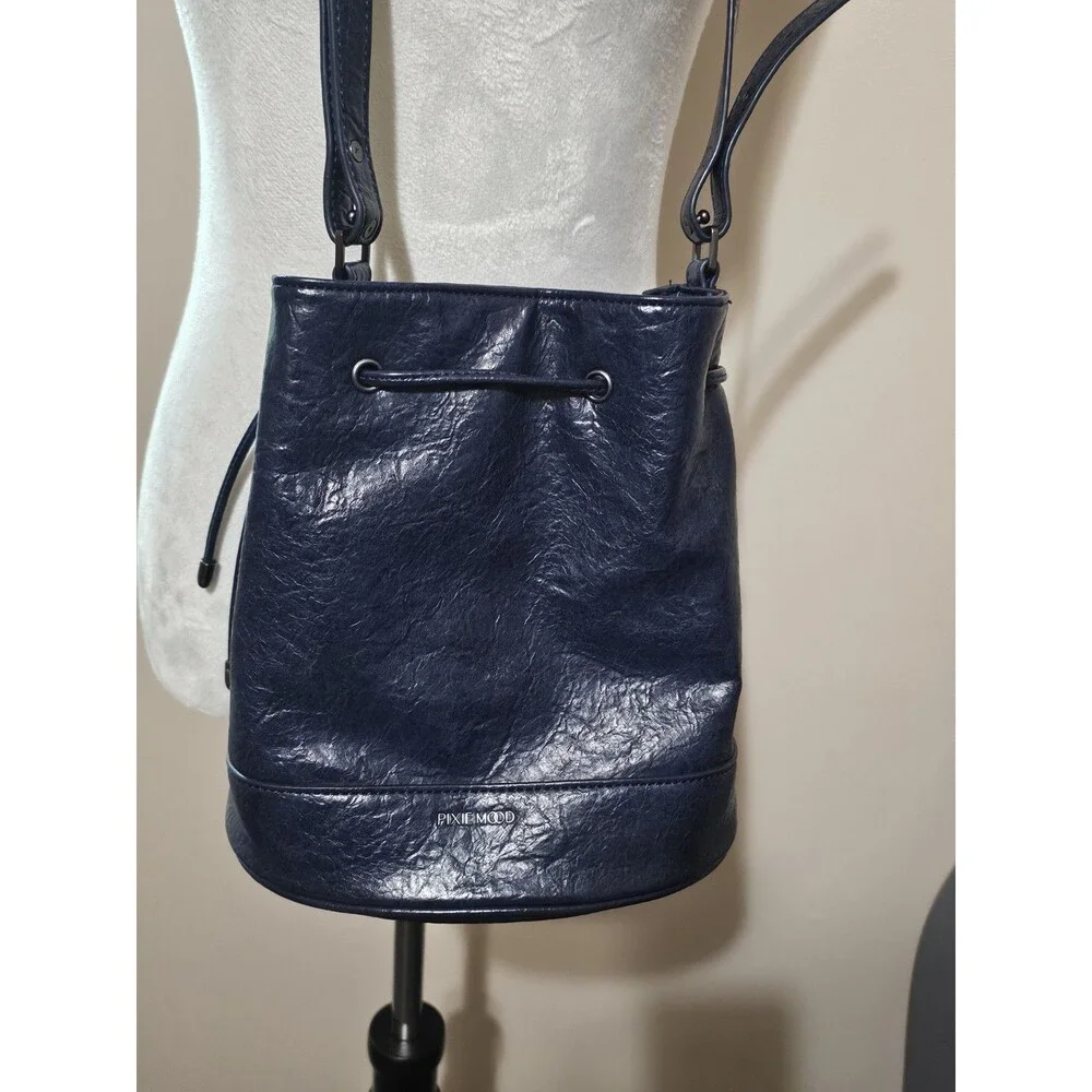 Pixie Mood Bag Textured orcrinkled vegan leather navy cord adjustable shoulder